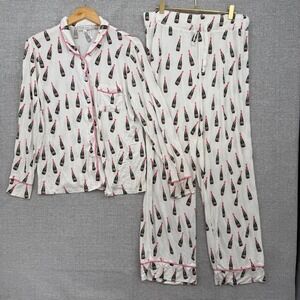 Toss Designs Women's Champagne Bottle Pajama Set Button Up Long Sleeve Pants M/L